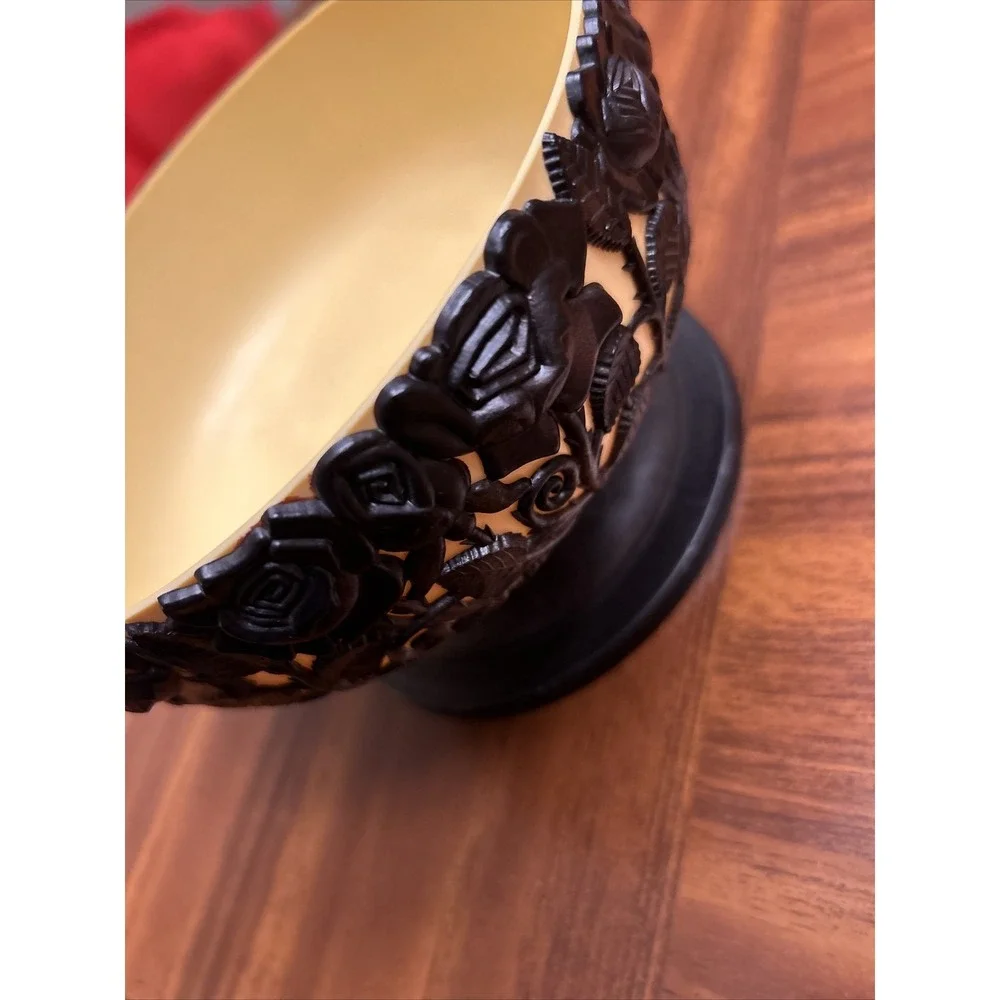 Vintage Regaline Plastic Footed Bowl Roses Flowers USA Melamine Yellow Black Ros